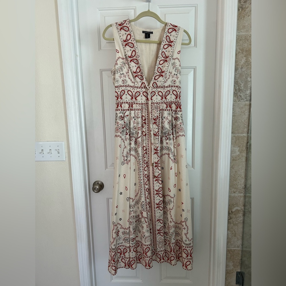 Christian Lacroix plunging neckline crimson and Cream Maxi Dress